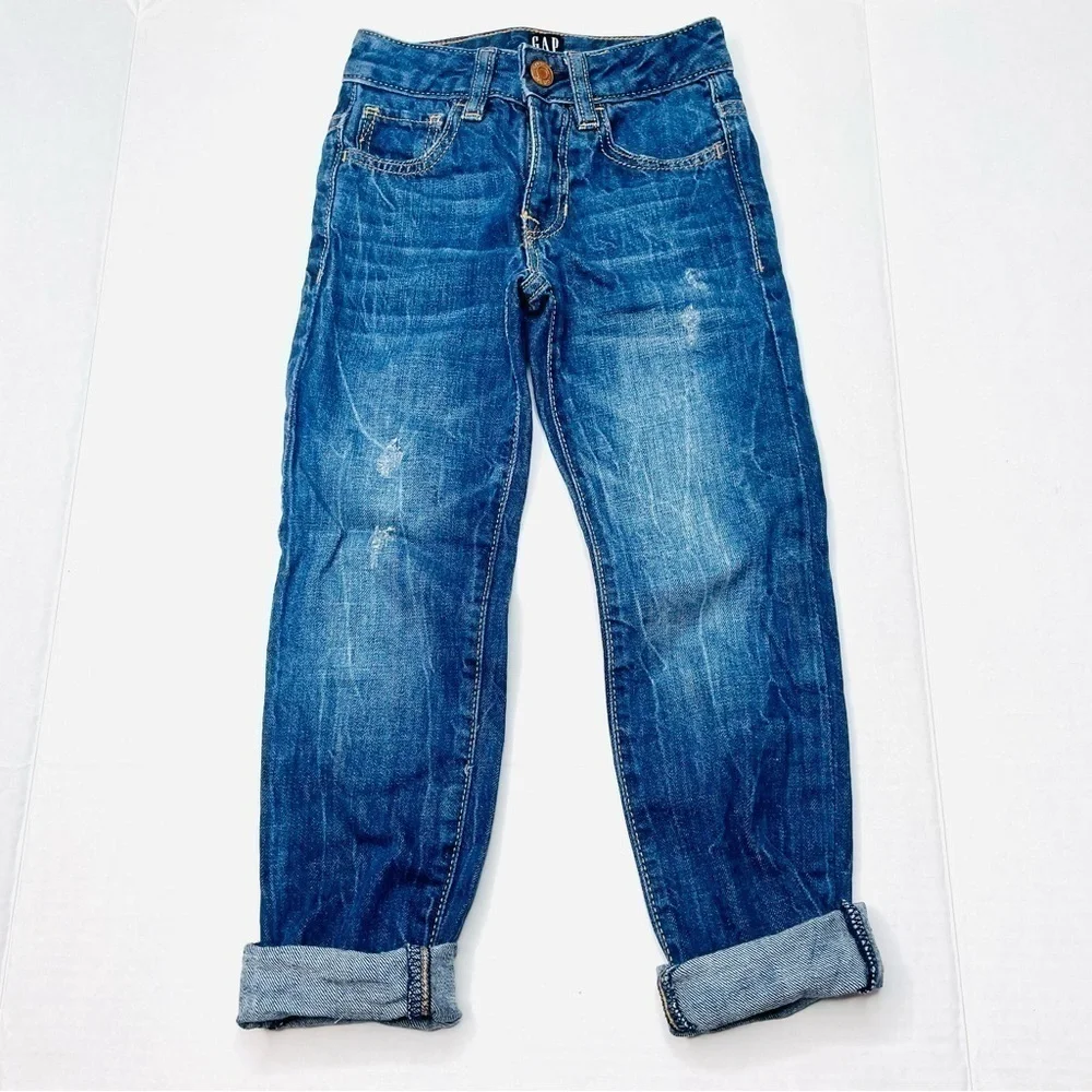 GAP Denim Distressed Girlfriend Jeans in 5 Slim with Adjustable Waist Dark Wash